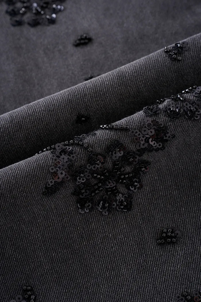 Star Hand Beaded Rose Embellishment Straight Leg Jeans in Beaded Cotton Denim