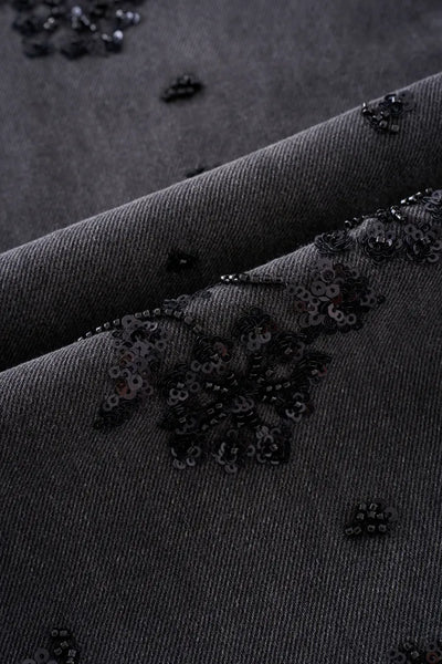 Star Hand Beaded Rose Embellishment Straight Leg Jeans in Beaded Cotton Denim