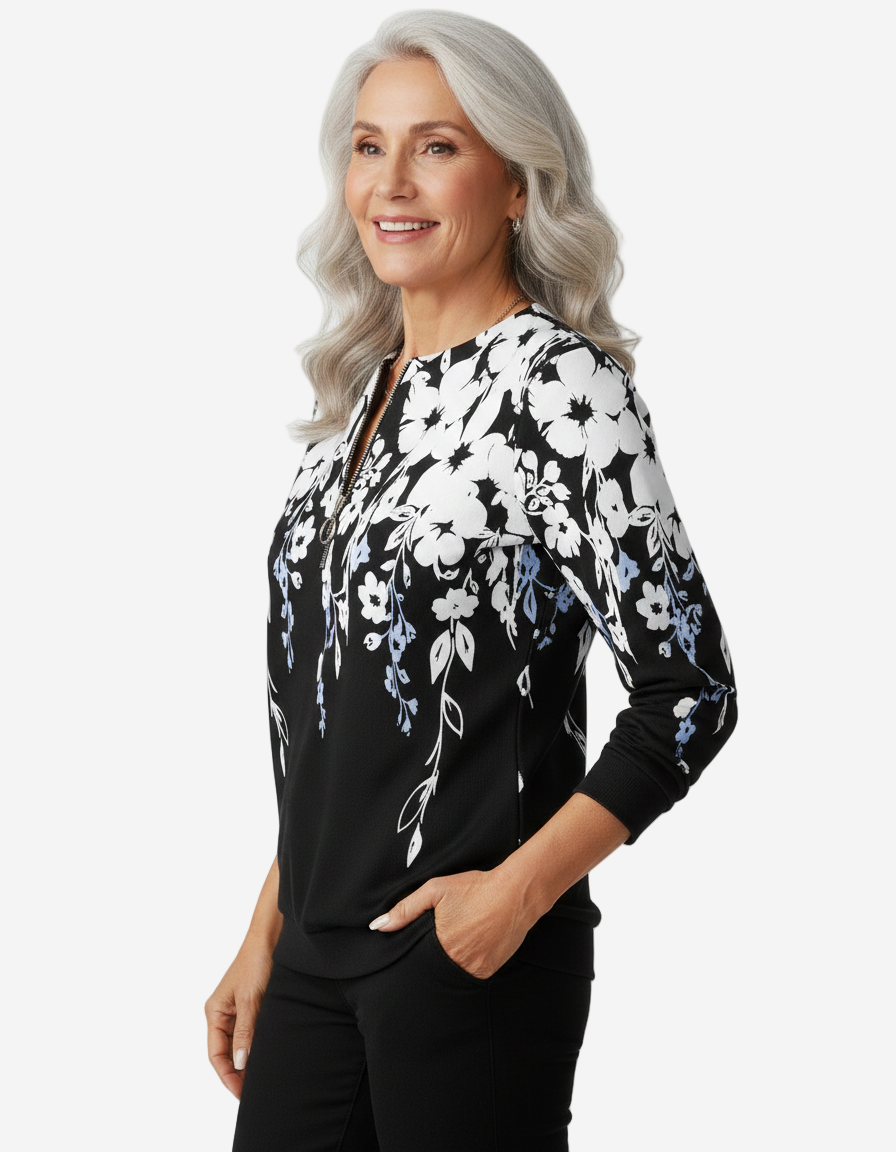 Elaina - Elegant Floral Quarter-Zip Sweater Comfortable Fit