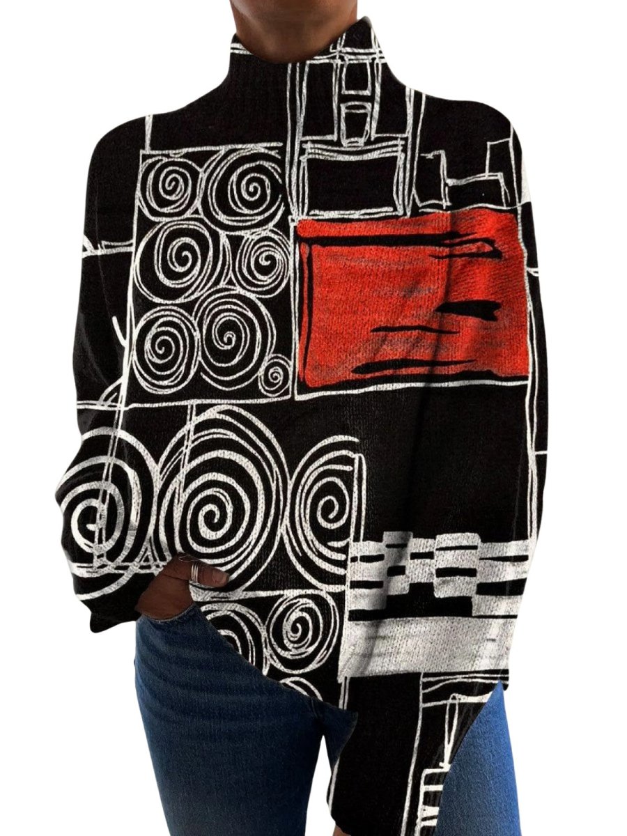 Abstract Color Block Print Turtleneck Sweater