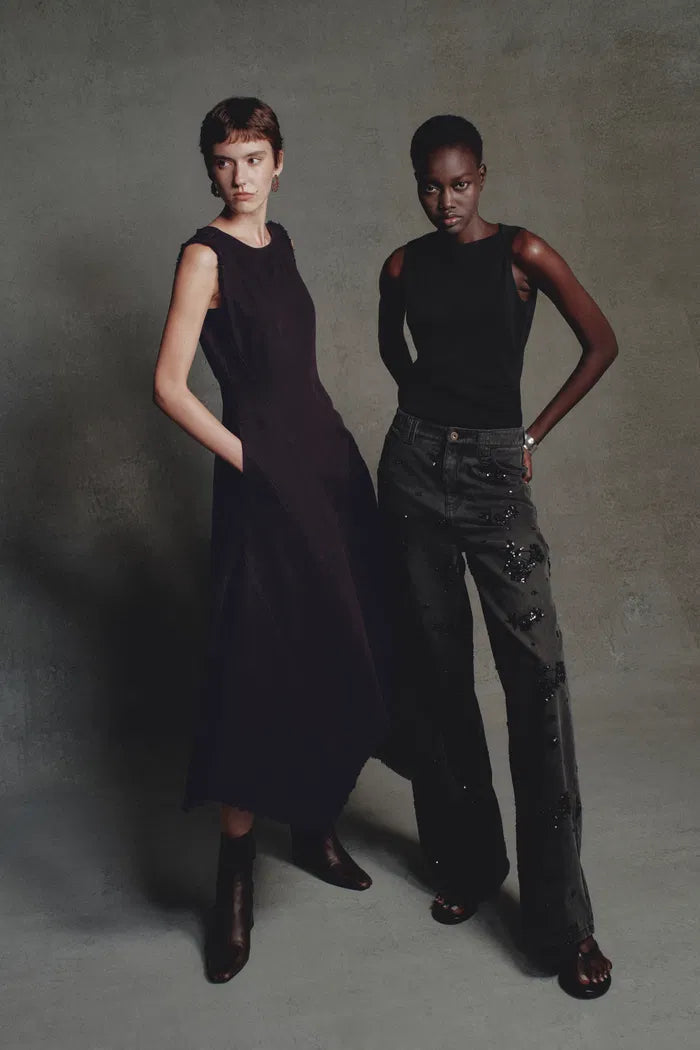 Star Hand Beaded Rose Embellishment Straight Leg Jeans in Beaded Cotton Denim