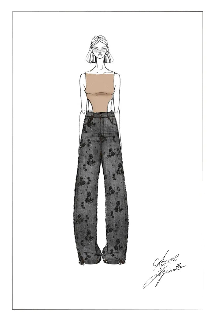 Star Hand Beaded Rose Embellishment Straight Leg Jeans in Beaded Cotton Denim