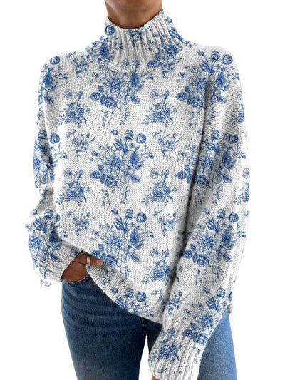 Charming Floral Pattern - Artistic Print on Turtleneck Sweater