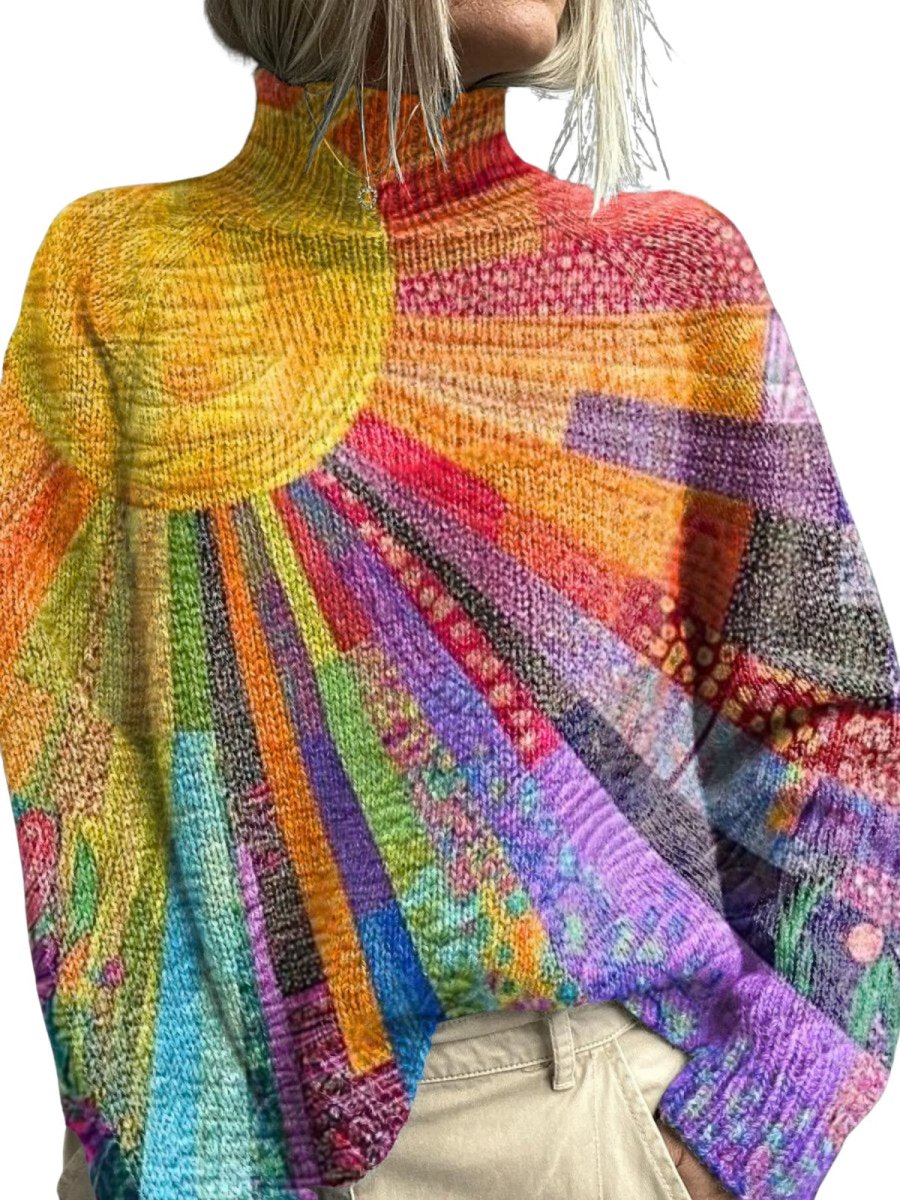 Colorful Sun-Printed Turtleneck Sweater