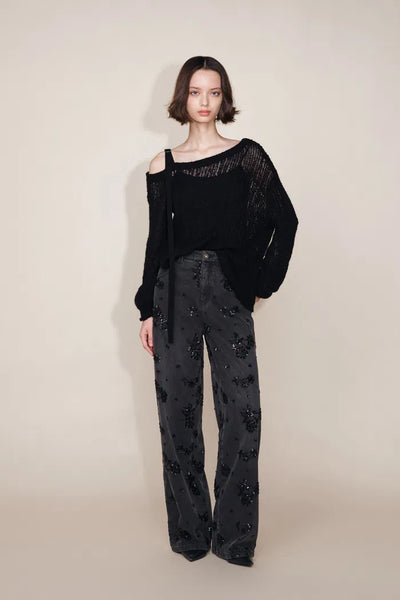 Star Hand Beaded Rose Embellishment Straight Leg Jeans in Beaded Cotton Denim