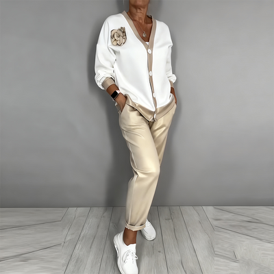 Florence - Casual V-Neck Top and High-Waisted Pants 2-Piece Set