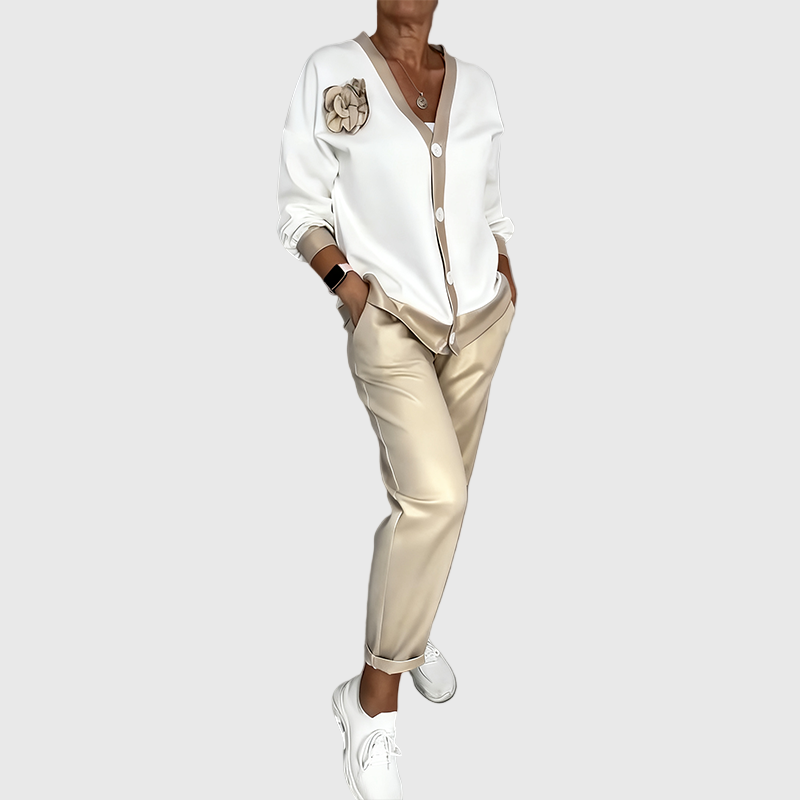 Florence - Casual V-Neck Top and High-Waisted Pants 2-Piece Set