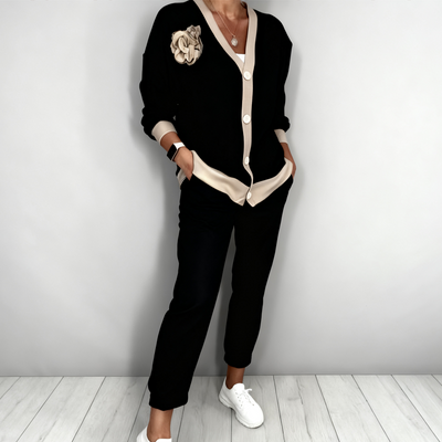 Florence - Casual V-Neck Top and High-Waisted Pants 2-Piece Set