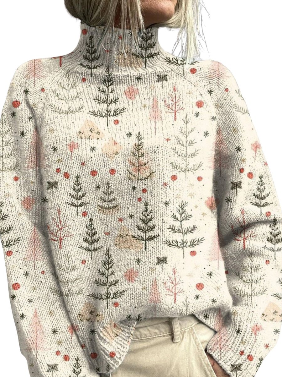 Women's Charming Christmas Tree Art Printed Turtleneck Sweater