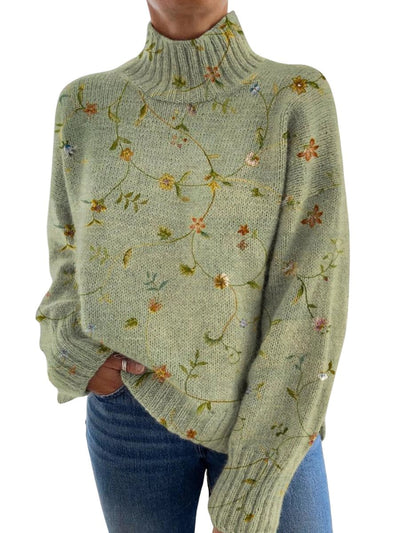 Women's Charming Sweater with Floral Pattern and Long Sleeves